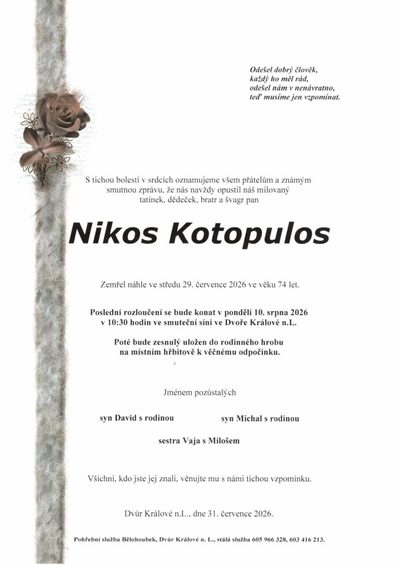 Smuteční oznámení – Nikos Kotopulos