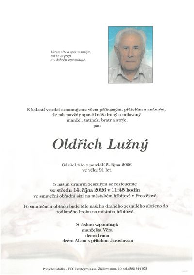 Smuteční oznámení – Oldřich Lužný