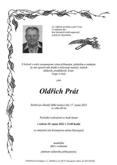 Smuteční oznámení – Oldřich Prát