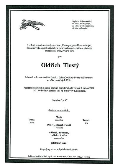 Smuteční oznámení – Oldřich Tlustý