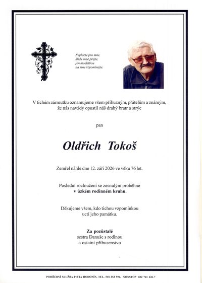 Smuteční oznámení – Oldrich Tokos