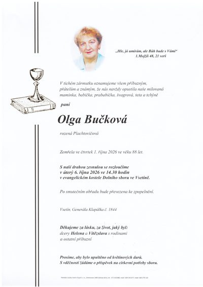 Smuteční oznámení – Olga Bučková