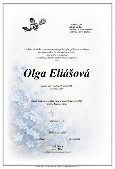 Smuteční oznámení – Olga Eliášová