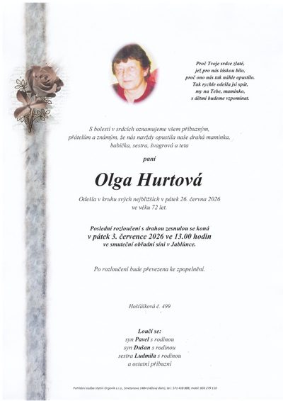 Smuteční oznámení – Olga Hurtová