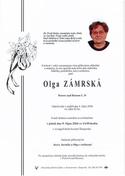 Smuteční oznámení – Olga Zámrská