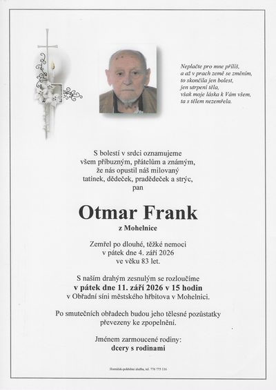 Smuteční oznámení – Otmar Frank