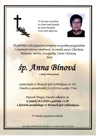 Smuteční oznámení – śp. Anna Bínová