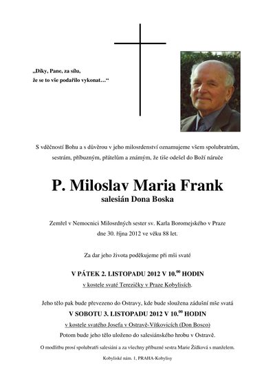 Smuteční oznámení – P. Miloslav Maria Frank