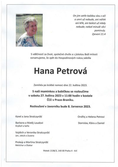 Smuteční oznámení – P. Petrova