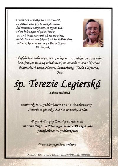 Smuteční oznámení – śp. Terezie Legierská