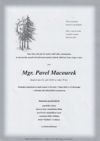 Smuteční oznámení – Mgr. Pavel Macourek