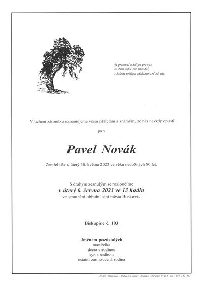 Smuteční oznámení – Pavel Novák