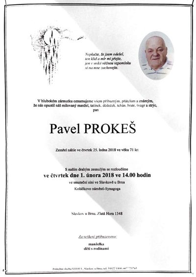 Smuteční oznámení – Pavel Prokeš