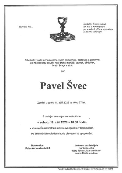 Smuteční oznámení – Pavel Švec