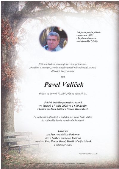 Smuteční oznámení – Pavel Valíček