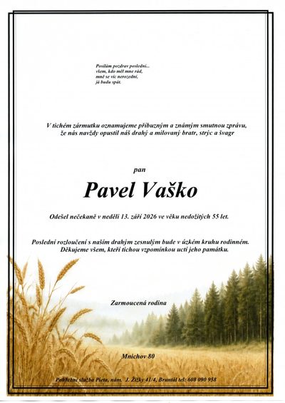 Smuteční oznámení – Pavel Vaško