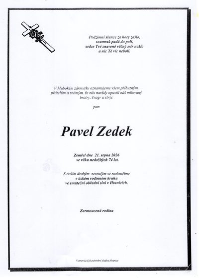 Smuteční oznámení – Pavel Zedek