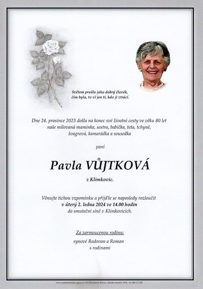 Smuteční oznámení – Pavla Vůjtková