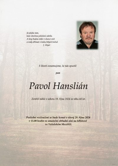Smuteční oznámení – Pavol Hanslián