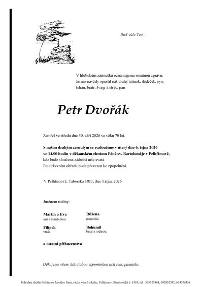 Smuteční oznámení – Petr Dvořák