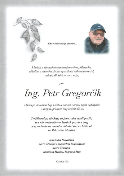 Smuteční oznámení – Ing. Petr Gregorčík