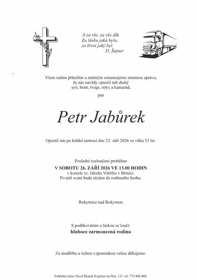 Smuteční oznámení – Petr Jabůrek