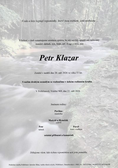 Smuteční oznámení – Petr Klazar