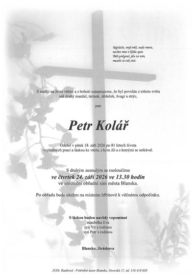 Smuteční oznámení – Petr Kolář