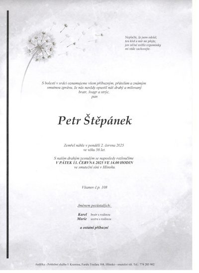 Smuteční oznámení – Petr Štěpánek
