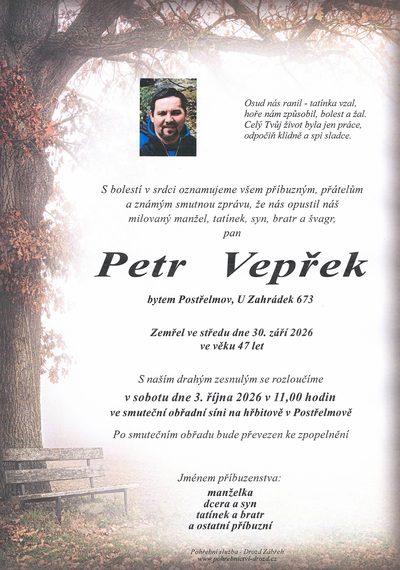 Smuteční oznámení – Petr Vepřek