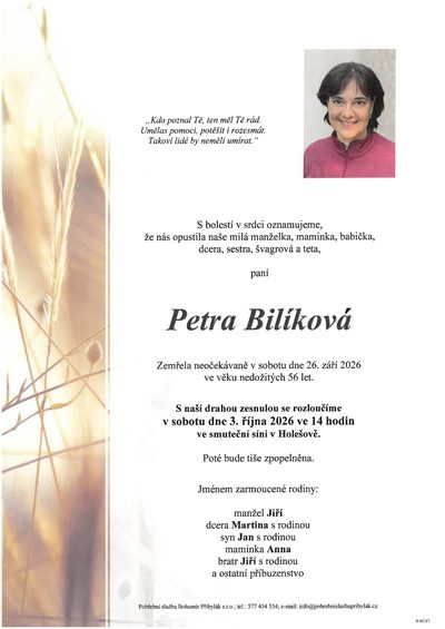 Smuteční oznámení – Petra Bilíková