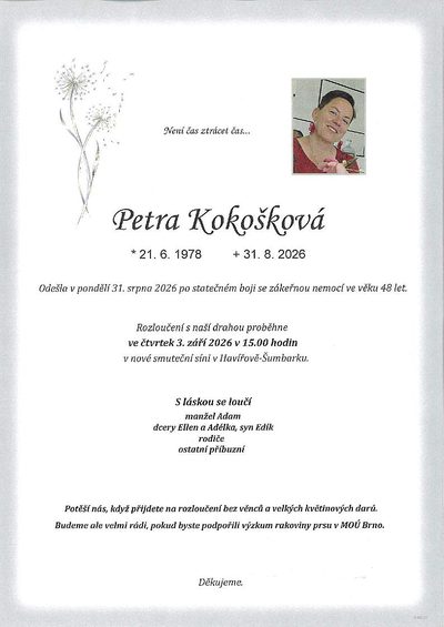 Smuteční oznámení – Petra Kokošková