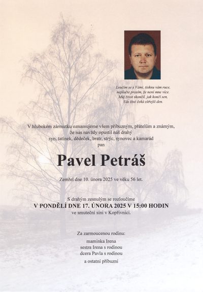 Smuteční oznámení – Petras Pavel Sken