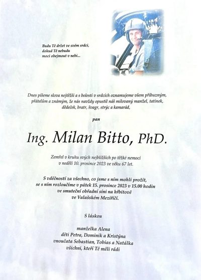 Smuteční oznámení – Ing. Pplk. Bitto