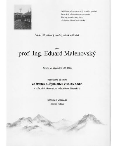 Smuteční oznámení – prof. Ing. Eduard Malenovský