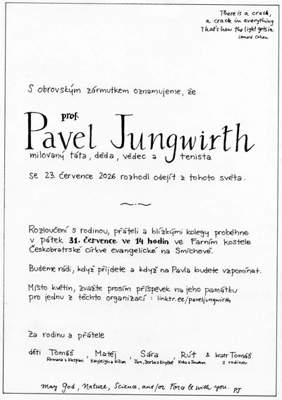 Smuteční oznámení – prof. Pavel Jungwirth