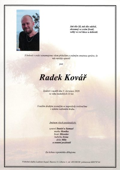 Smuteční oznámení – Radek Kovář