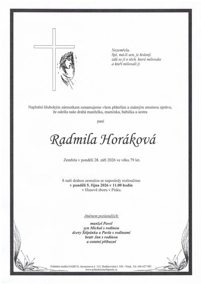 Smuteční oznámení – Radmila Horáková Jforáková
