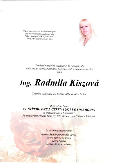 Smuteční oznámení – Ing. Radmila Kiszová