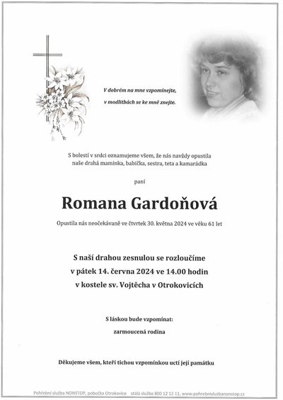 Smuteční oznámení – Romana Gardoňová