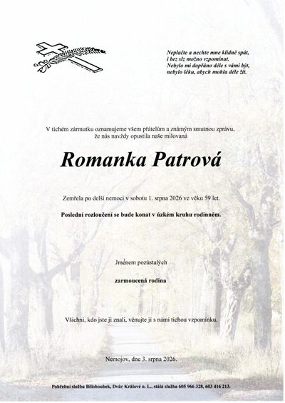 Smuteční oznámení – Romanka Patrova