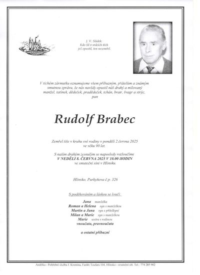 Smuteční oznámení – Rudolf Brabec
