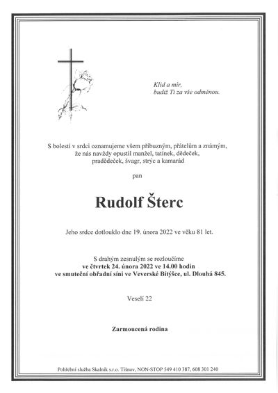 Smuteční oznámení – Rudolf Šterc