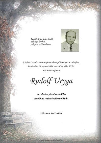 Smuteční oznámení – Rudolf Uryga