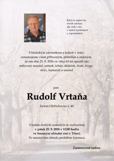 Smuteční oznámení – Rudolf Vrtaňa