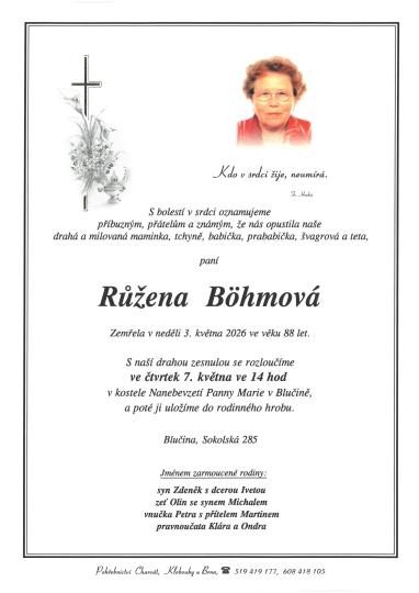 Smuteční oznámení – Růžena Bóhmová