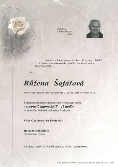 Smuteční oznámení – Růžena Safářová