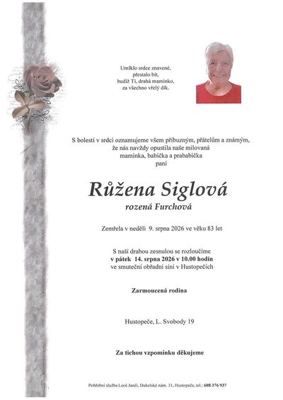 Smuteční oznámení – Růžena Siglová