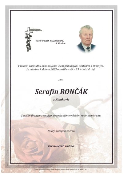 Smuteční oznámení – Serafín Rončák