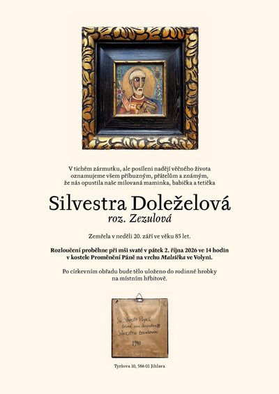 Smuteční oznámení – Silvestra Doleželová